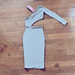 Shop Official Bee one shoulder, one sleeve cut out tan taupe dress